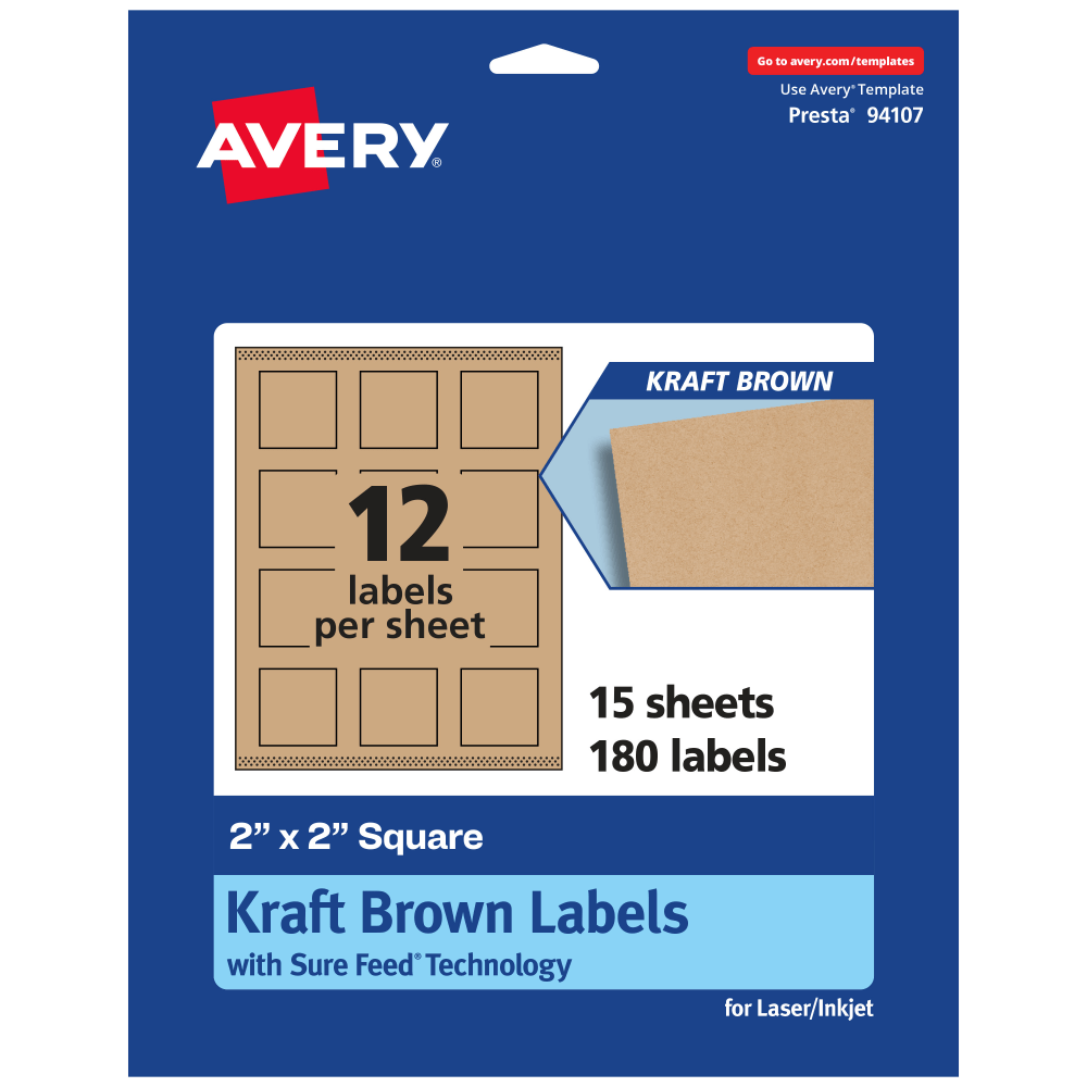 Avery Kraft Permanent Labels With Sure Feed, 94107-KMP15, Square, 2in x 2in, Brown, Pack Of 180