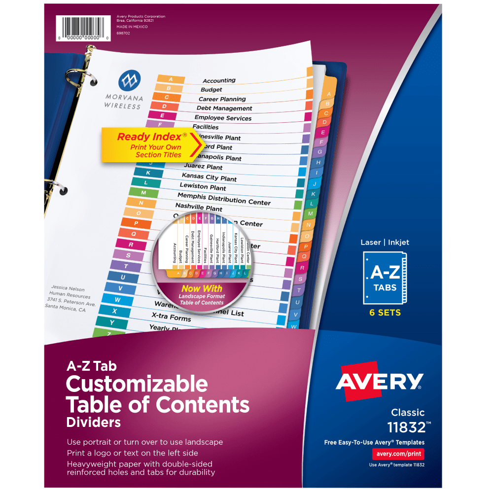 Avery Ready Index Dividers, A-Z Tab & Customizable Table of Contents, 8-1/2in x 11in, 26 Tab, Multicolor, Pack Of 6 Sets