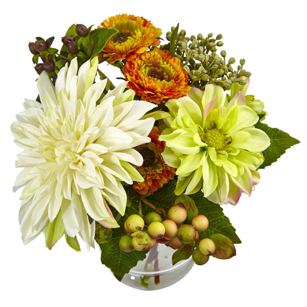 Nearly Natural Mixed Dahlia And Mum 10-1/2inH Plastic Floral Arrangement With Glass Vase, 10-1/2inH x 9-1/2inW x 7-1/2inD, White/Orange