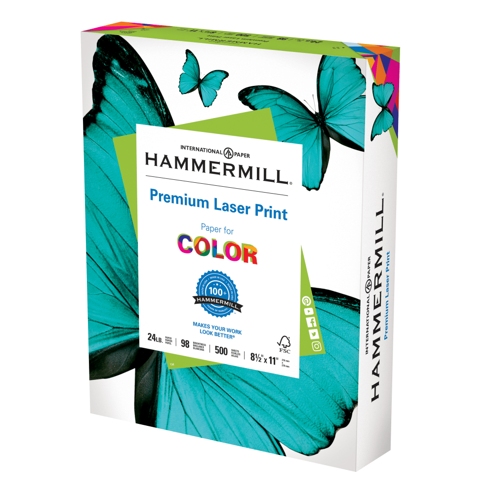 Hammermill Premium Laser Paper, White, Letter Size (8 1/2in x 11in), Ream Of 500 Sheets, , FSC Certified, 24 Lb, 98 Brightness