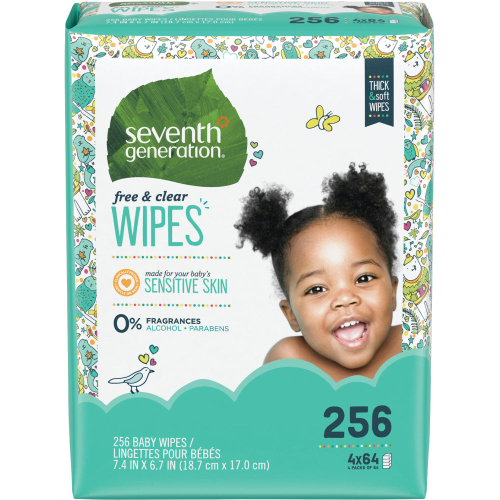 Seventh Generation Free & Clear Baby Wipes, Refill, Unscented, White, 256 Wipes Per Pack, Carton Of 3 Packs