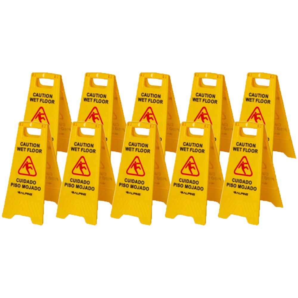 Alpine Industries Multilingual Caution Wet Floor Signs, 24-5/8in x 11-13/16in, Yellow, Pack Of 10 Signs