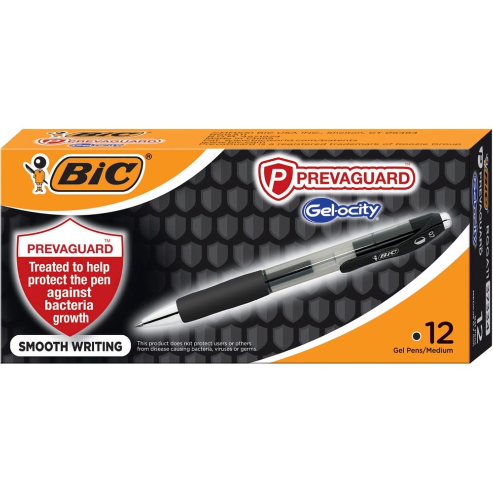 BIC PrevaGuard Gel-ocity Gel Pens, Pack Of 12, Medium Point, 0.7 mm, Black Barrel, Black Ink