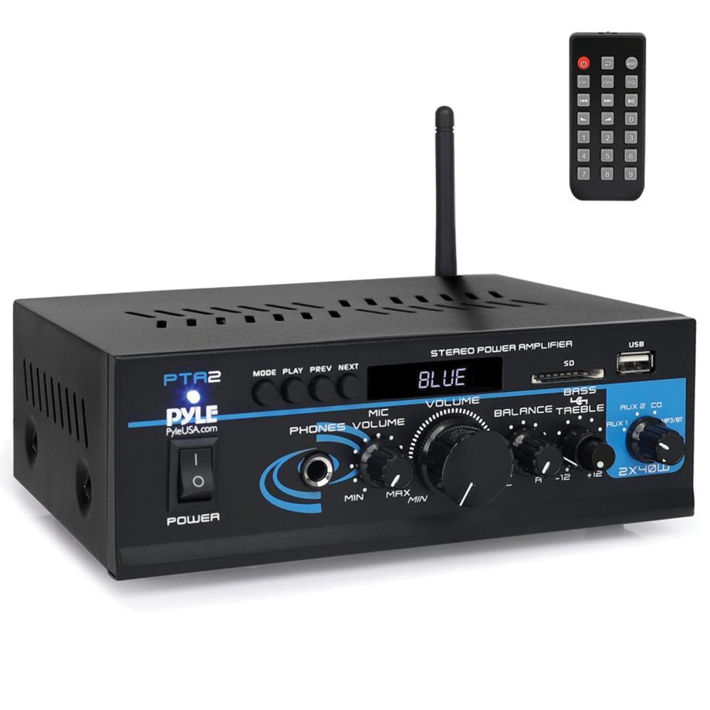 Pyle Mini Stereo Power Amplifier With Bluetooth, 7-1/2inH x 6-1/2inW x 3inD, Black, PTA2