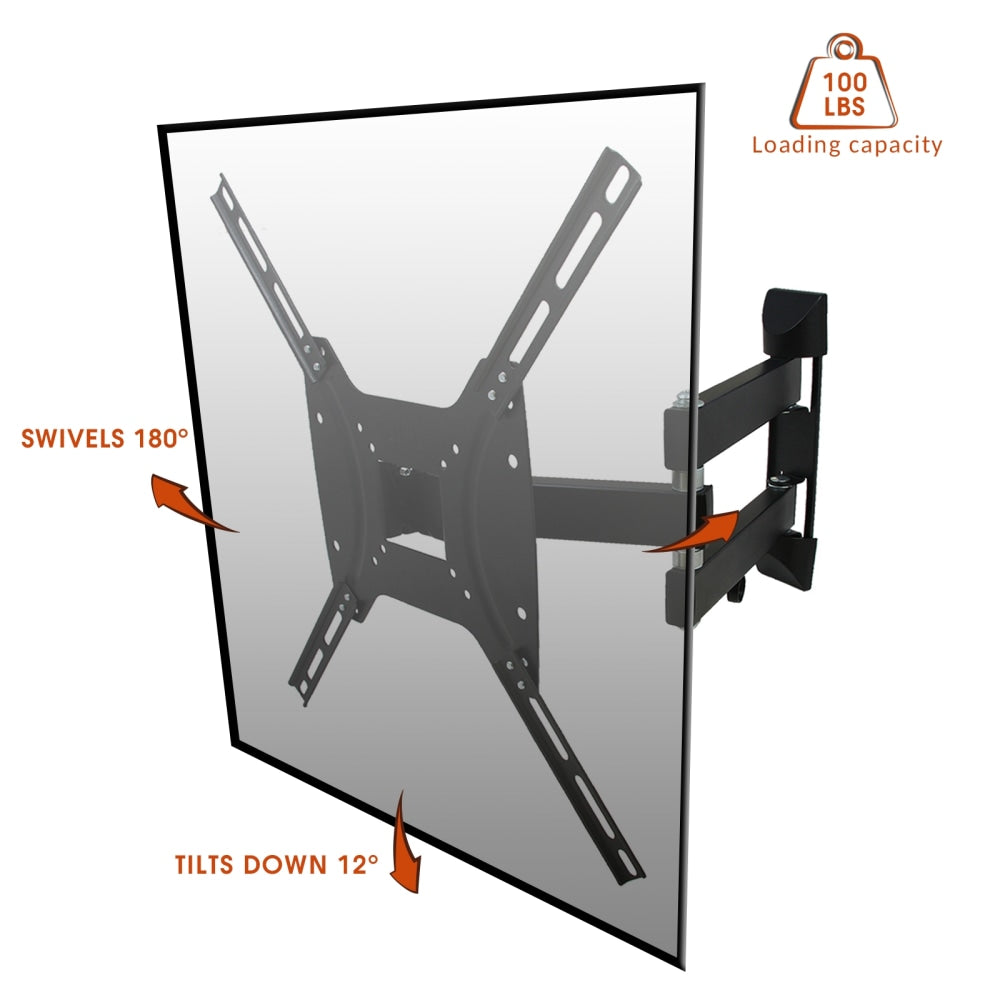 MegaMounts Full Motion Single-Stud Wall Mount For 26 - 55in TVs, 8.75inH x 8.68inW x 2.25inD, Black