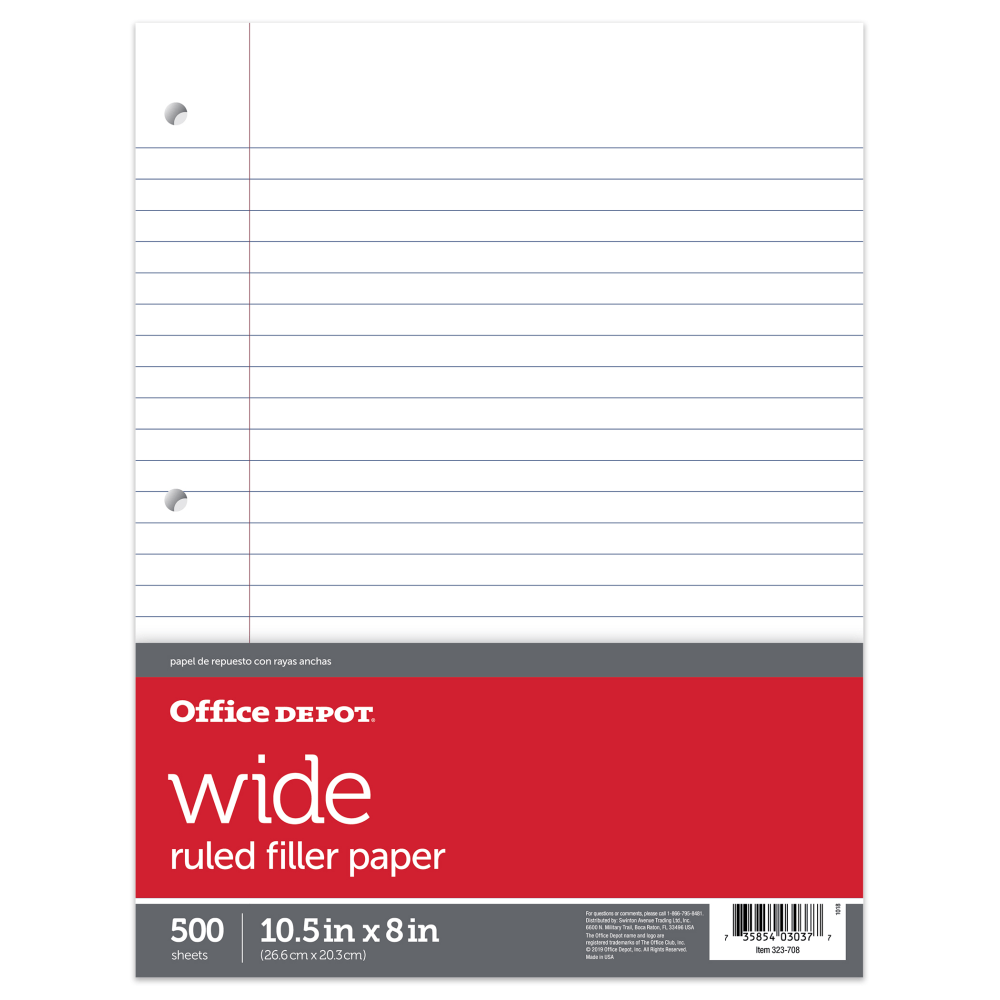 Office Depot Brand Notebook Filler Paper, 8in x 10 1/2in, Wide Ruled, Pack of 500 Sheets