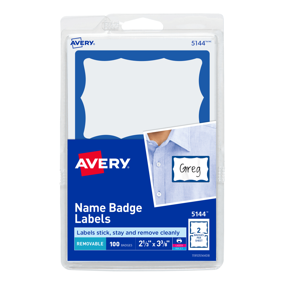 Avery Name Tags, 05144, 2-1/3in x 3-3/8in, White With Blue Border, 100 Removable Name Badges