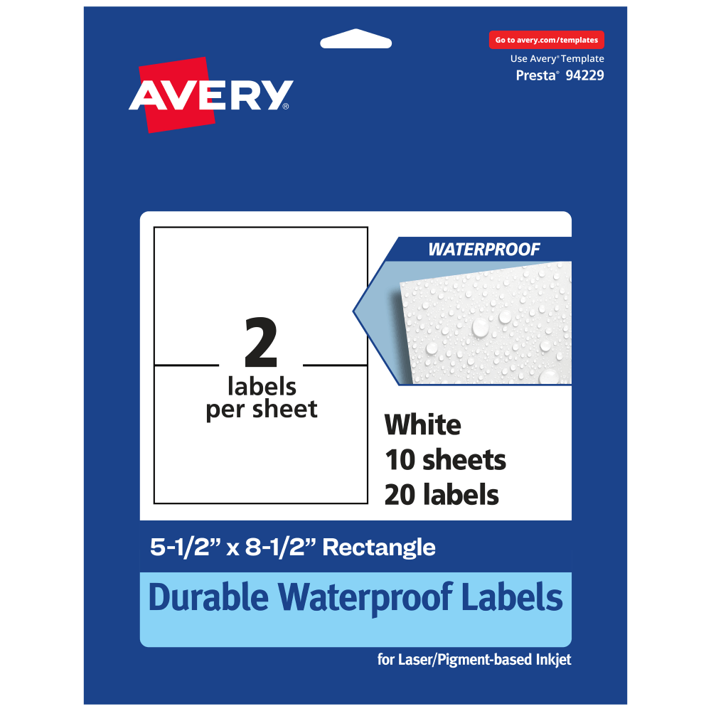 Avery Waterproof Permanent Labels, 94229-WMF10, Rectangle, 5-1/2in x 8-1/2in, White, Pack Of 20