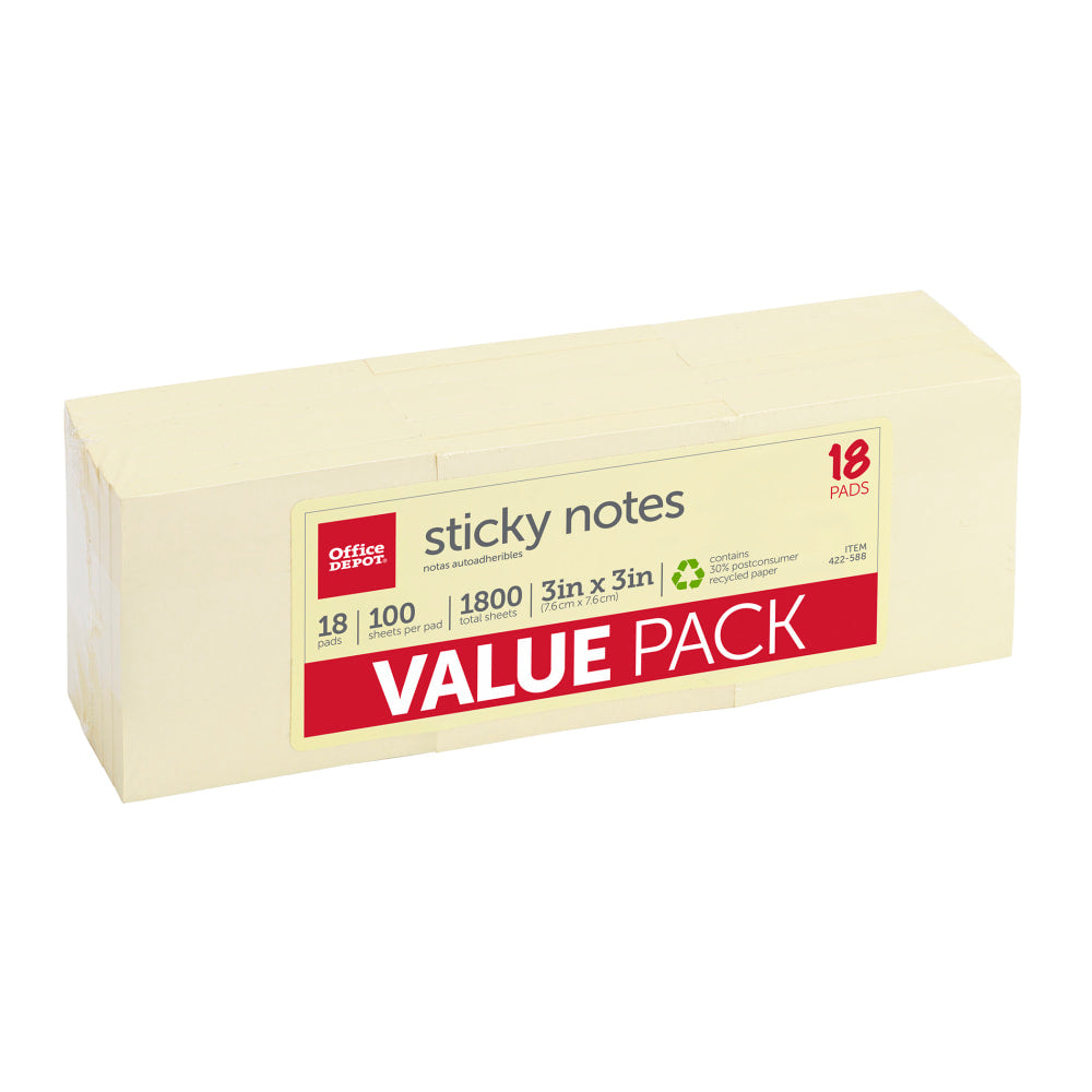 Office Depot Brand Sticky Notes Value Pack, 30% Recycled, 3in x 3in, Yellow, 100 Sheets Per Pad, Pack Of 18 Pads