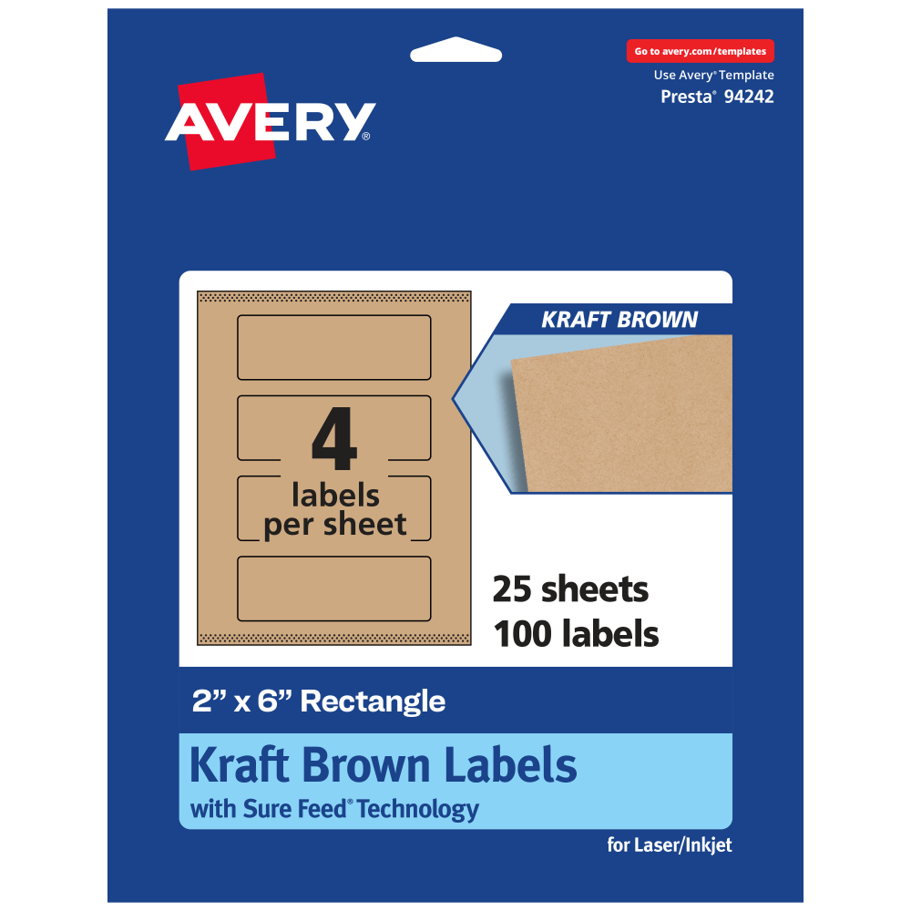 Avery Kraft Permanent Labels With Sure Feed, 94242-KMP25, Rectangle, 2in x 6in, Brown, Pack Of 100