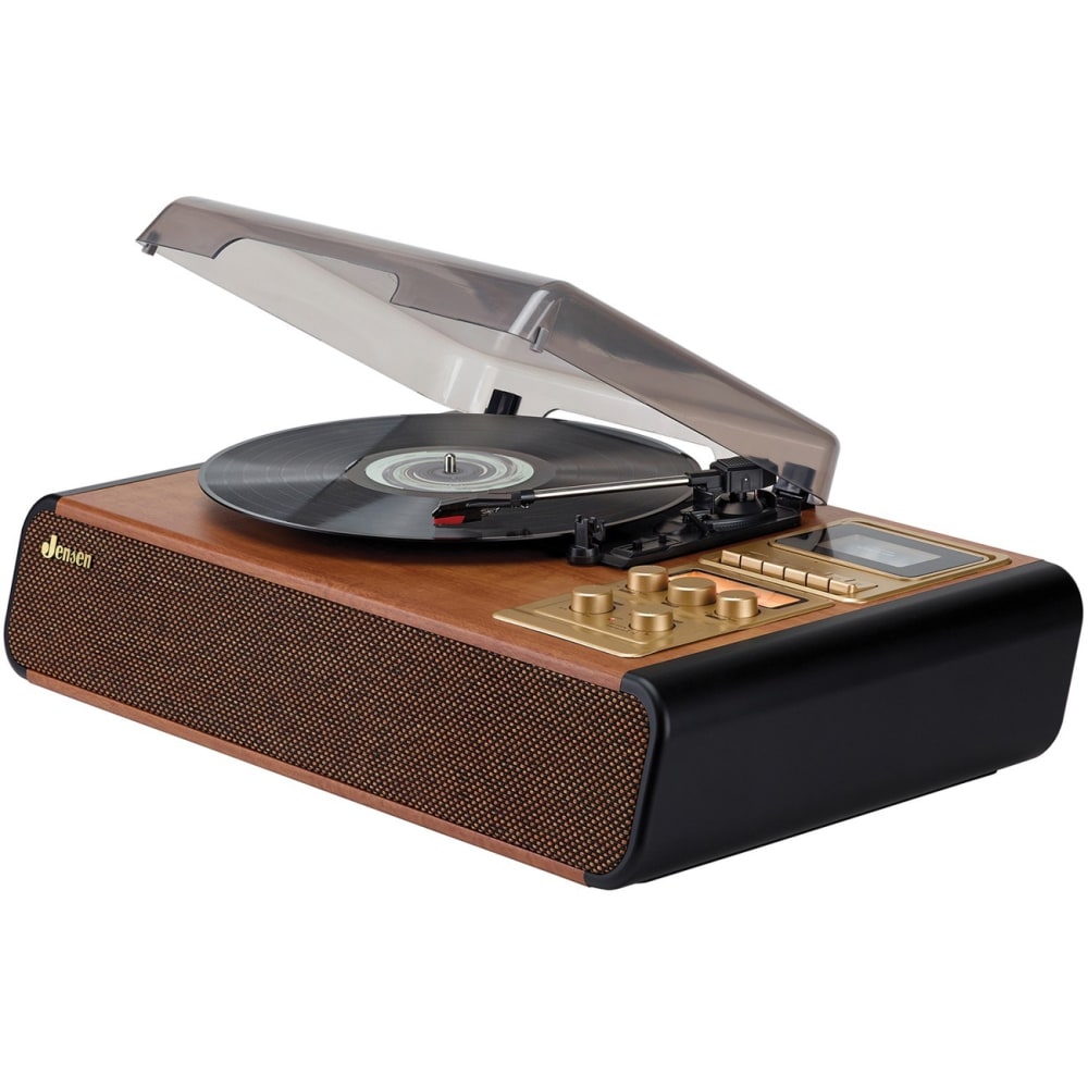 JENSEN 3-Speed Stereo Turntable with Cassette Player/Recorder and AM/FM Stereo Radio - Belt Drive - 33.33, 45, 78 rpm - Analog Magnetic - Brown, Gold - Auxiliary Audio In - Audio Line Out