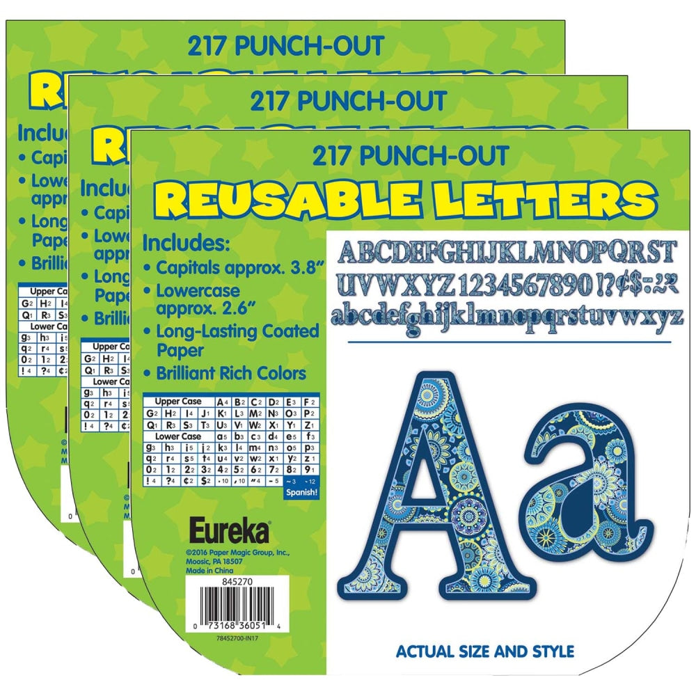 Eureka Reusable Punch-Out Deco Letters, 4in, Blue Harmony, 217 Letters Per Pack, Set Of 3 Packs