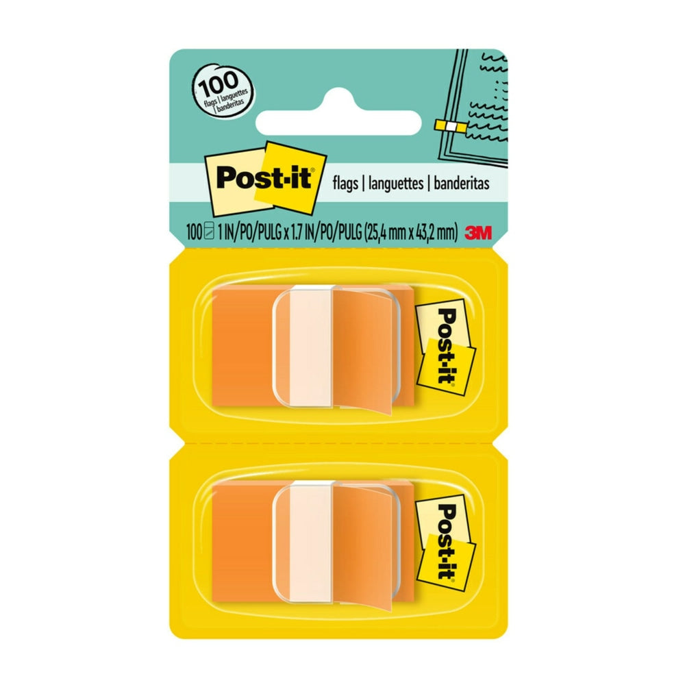 Post-it Flags, 1in x 1 -11/16in, Orange, 50 Flags Per Pad, Pack Of 2 Pads