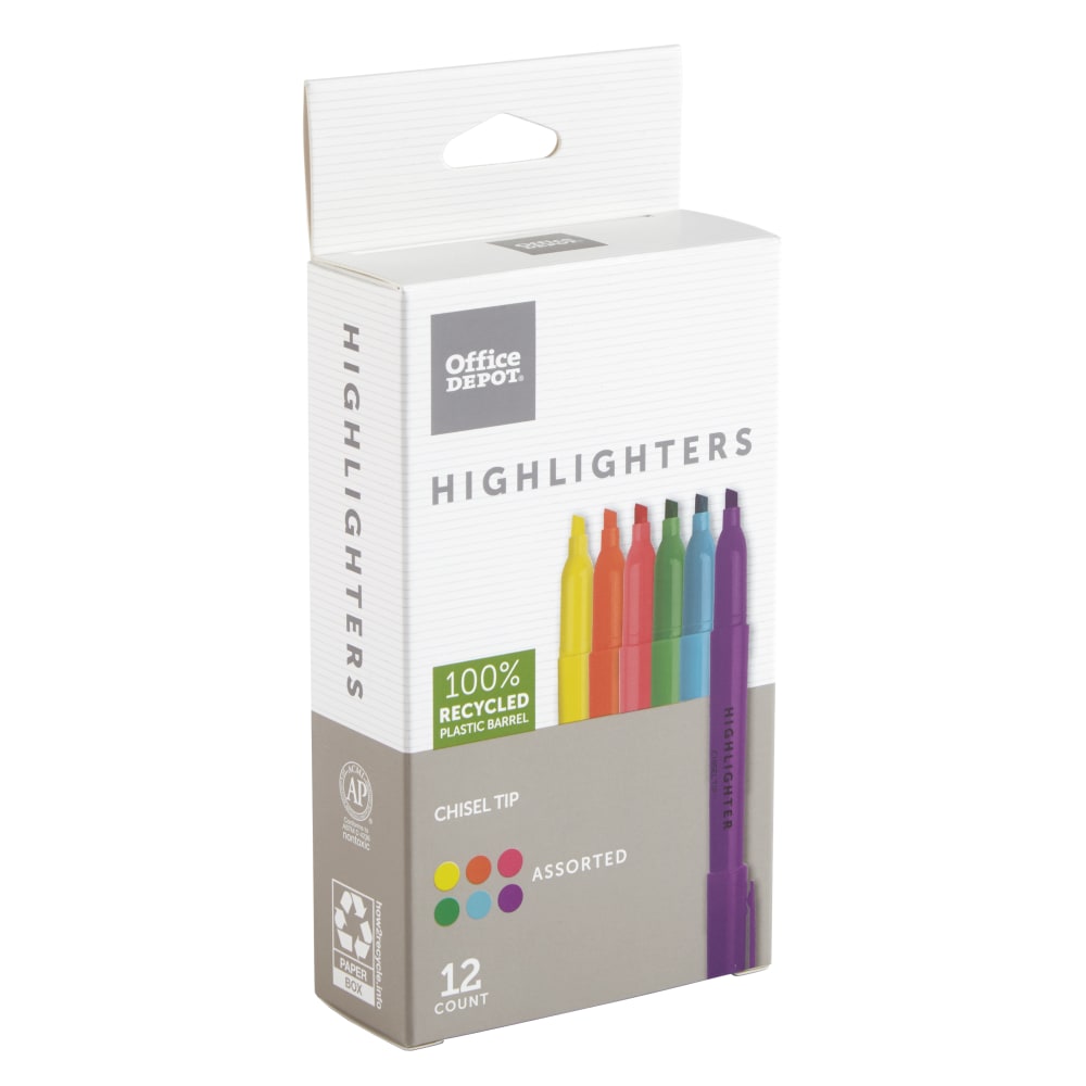 Office Depot Brand Pen-Style Highlighters, 100% Recycled Plastic Barrel, Assorted Colors, Pack Of 12