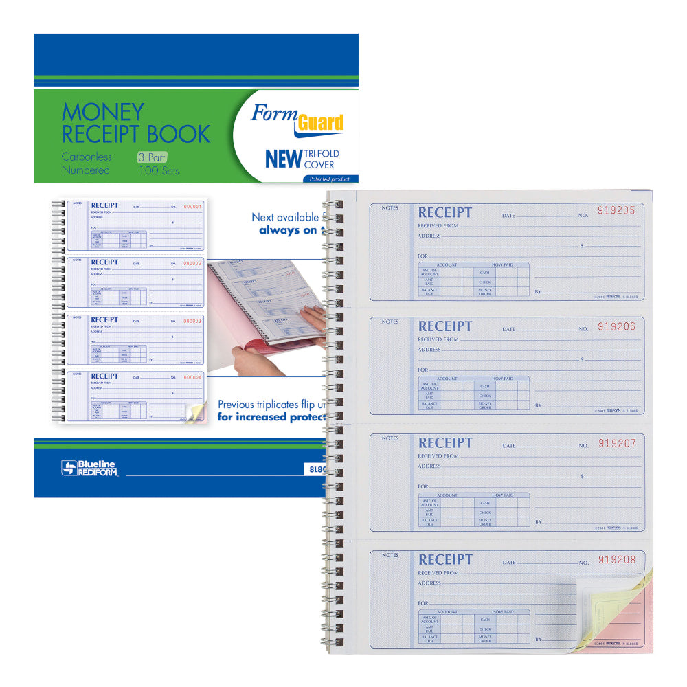 Rediform Prestige Money Receipt Book, 3 Part Carbonless, 7 5/8in x 8 1/2in, Set Of 100