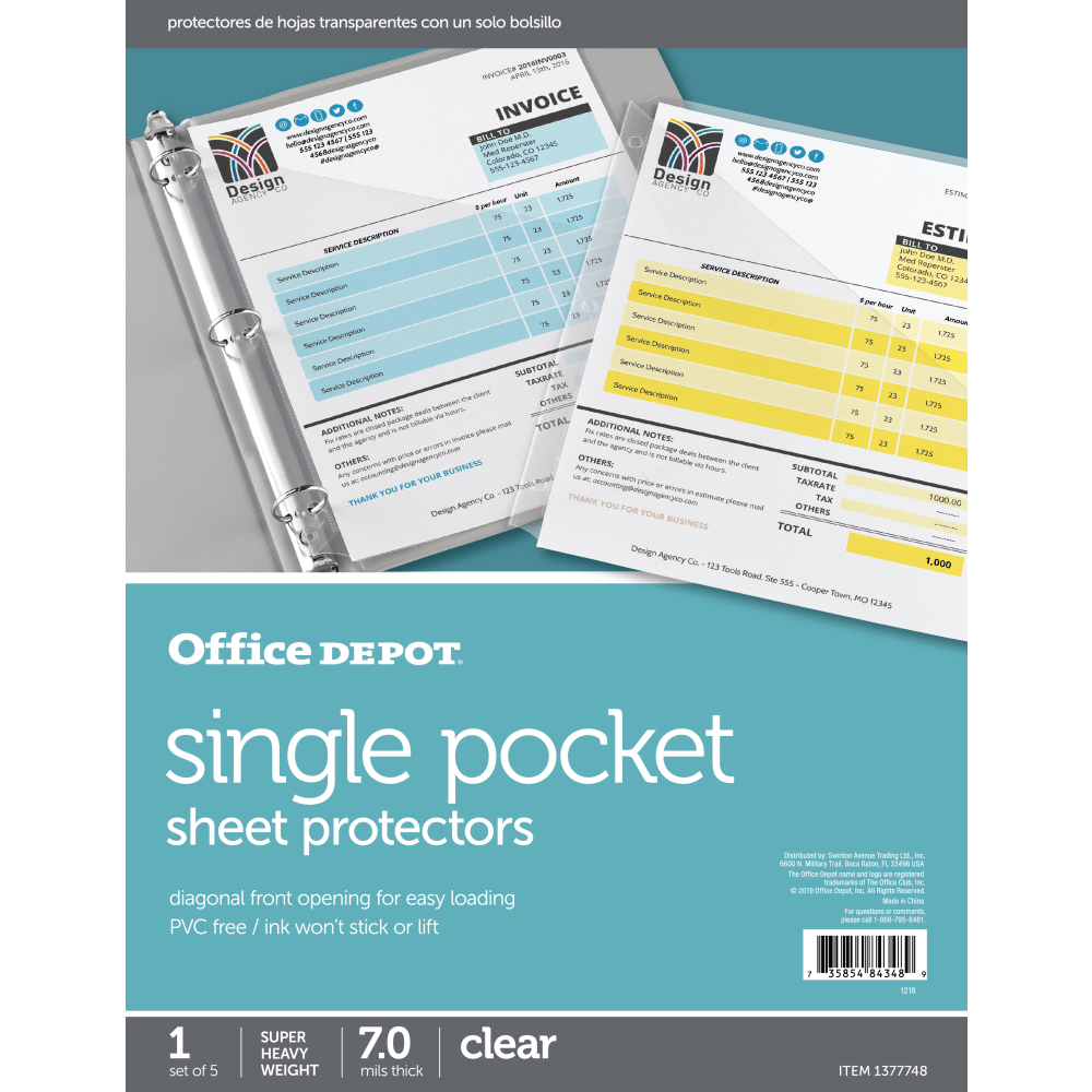 Office Depot Brand Single Pocket Sheet Protectors, 8-1/2in x 11in, Clear, Pack of 5