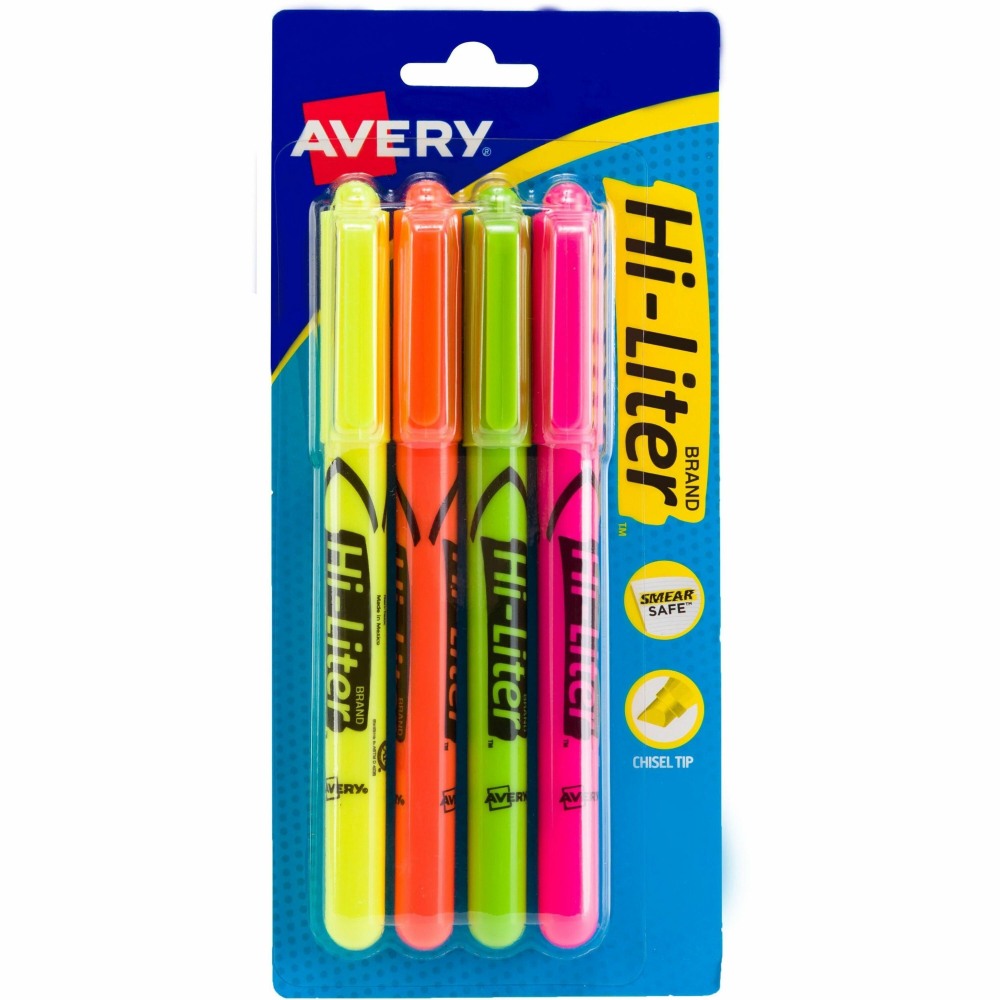 Avery Pen Style Fluorescent Highlighters - Chisel Point Style - Fluorescent Yellow, Pink, Orange, Green - 4 / Pack