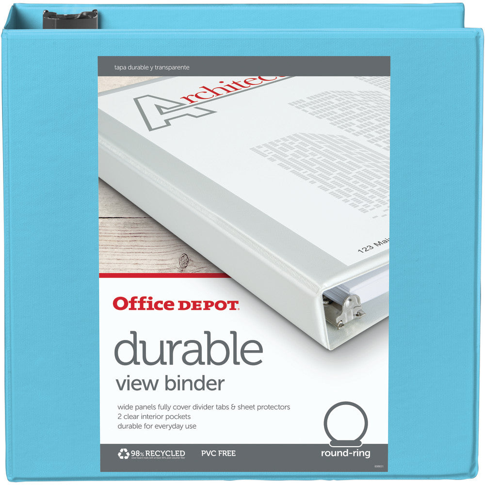 Office Depot Brand Durable View 3-Ring Binder, 3in Round Rings, Jeweler Blue