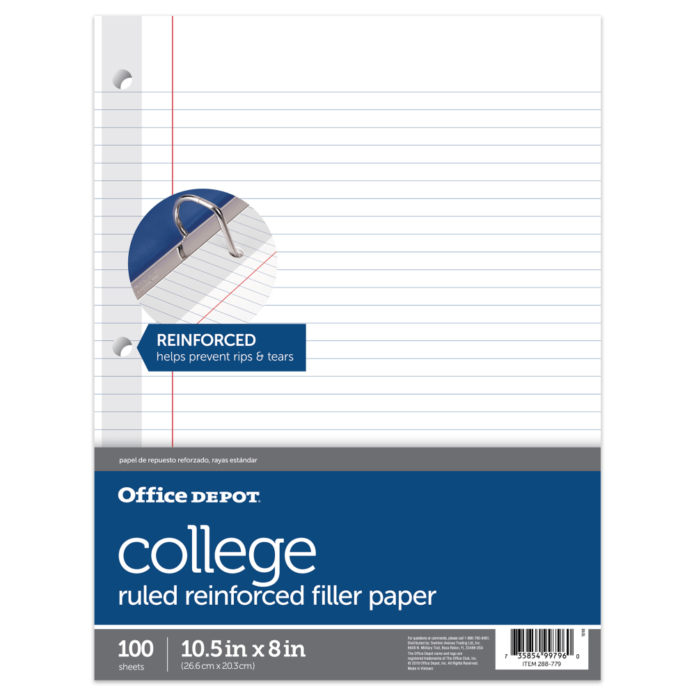 Office Depot Brand Reinforced Filler Paper, 8in x 10 1/2in, College Ruled, White, Pack Of 100