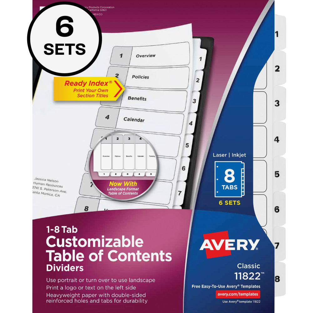 Avery Ready Index Binder Dividers, 8-1/2in x 11, White, 8 Dividers Per Set, Pack Of 6 Sets