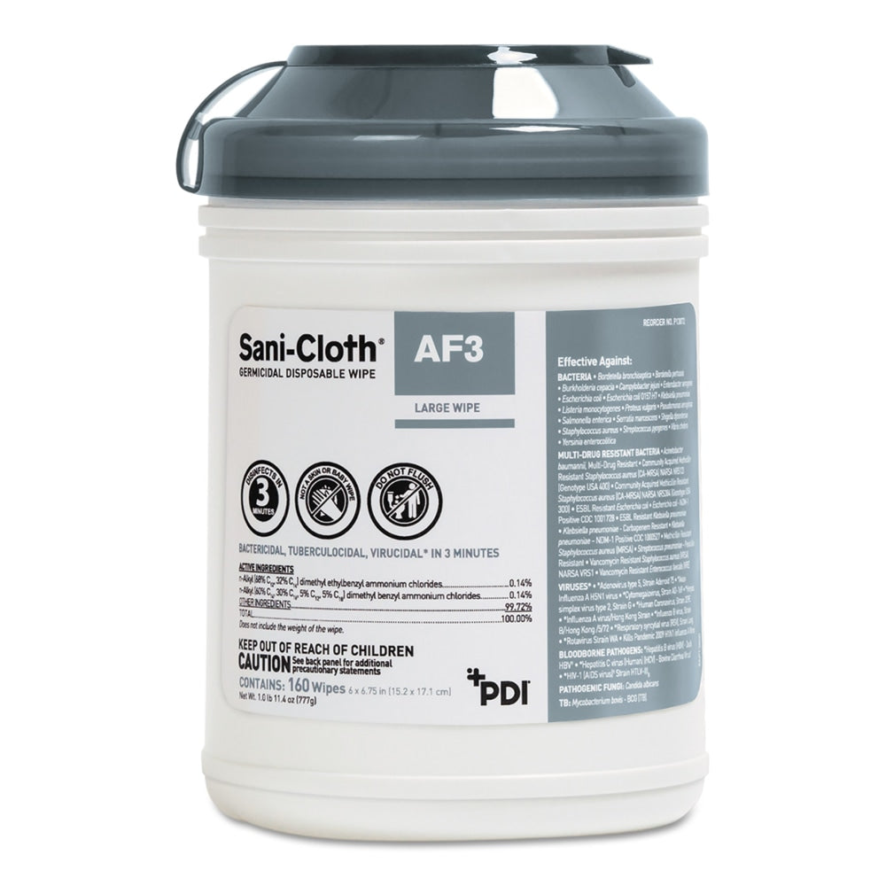 Sani Professional Sani-Cloth AF3 Germicidal Disposable Wipes, 11.4 Oz, 160 Sheets Per Canister, Pack Of 12 Canisters