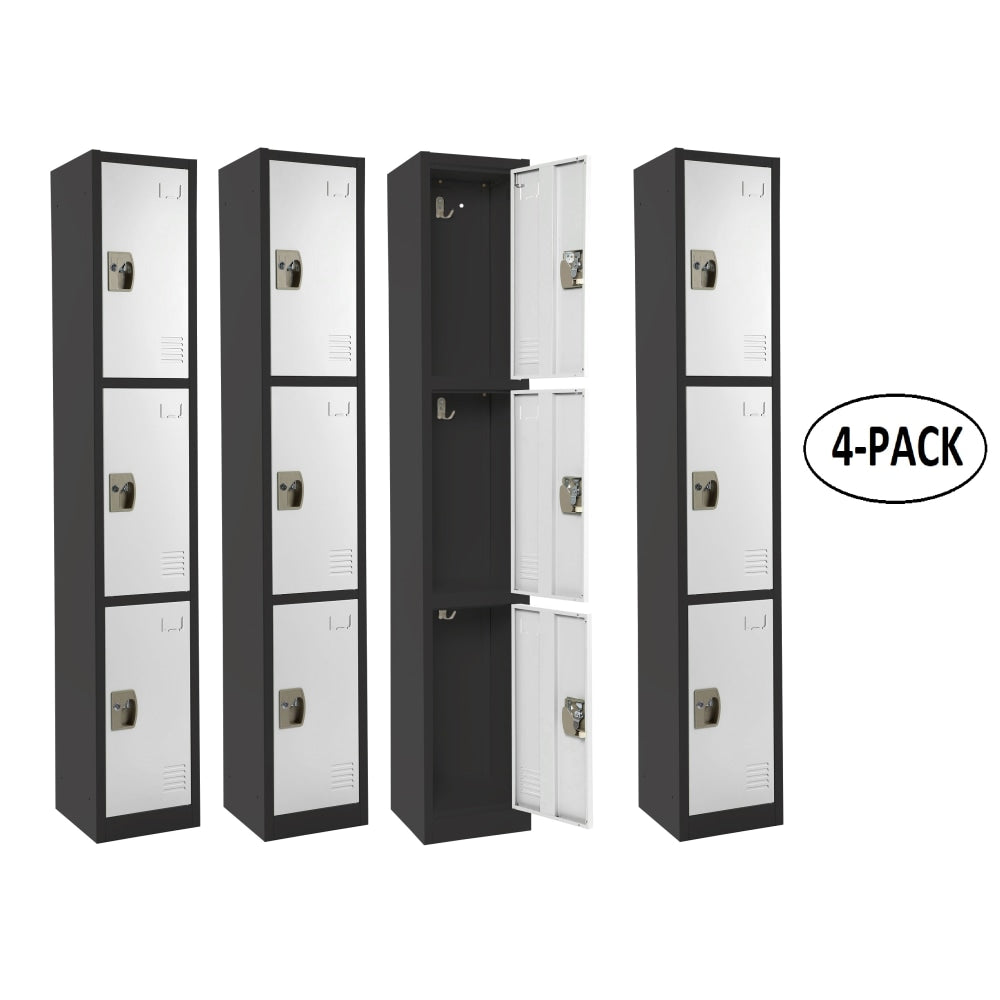 Alpine Large 3-Tier Steel Lockers, 72inH x 12inW x 12inD, Black/White, Pack Of 4 Lockers