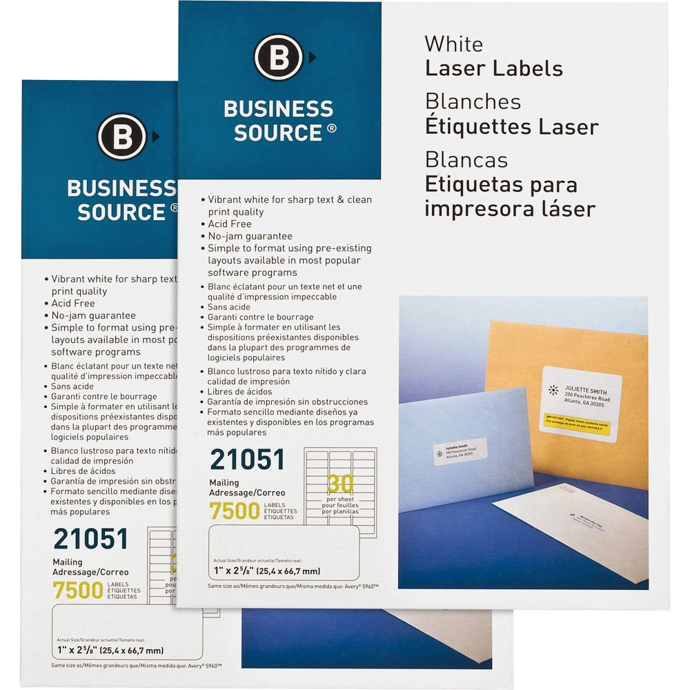 Business Source Bright White Premium-quality Address Labels - 1in Width x 2 5/8in Length - Permanent Adhesive - Rectangle - Laser, Inkjet - White - 30 / Sheet - 250 Total Sheets - 15000 / Carton - Jam-free