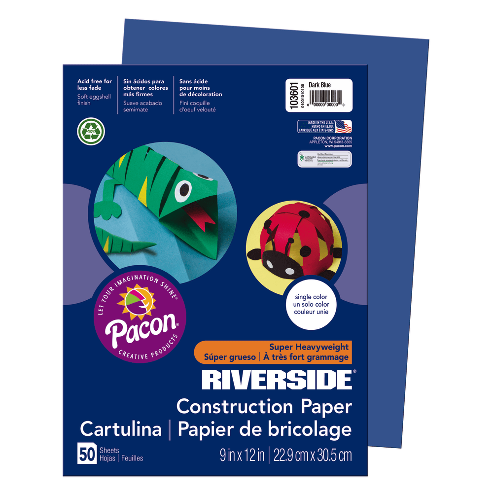 Riverside Groundwood Construction Paper, 100% Recycled, 9in x 12in, Dark Blue, Pack Of 50