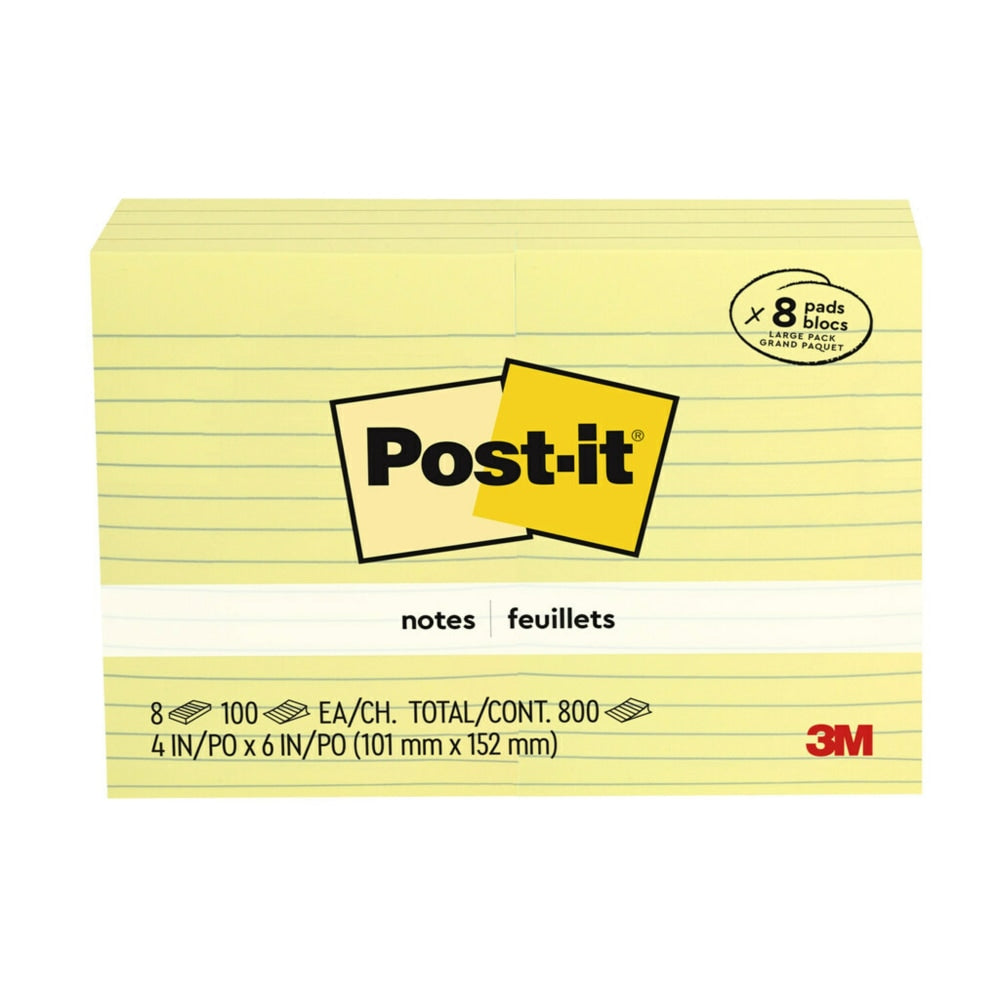 Post-it Notes, 4 in x 6 in, 8 Pads, 100 Sheets/Pad, Clean Removal, Canary Yellow, Lined