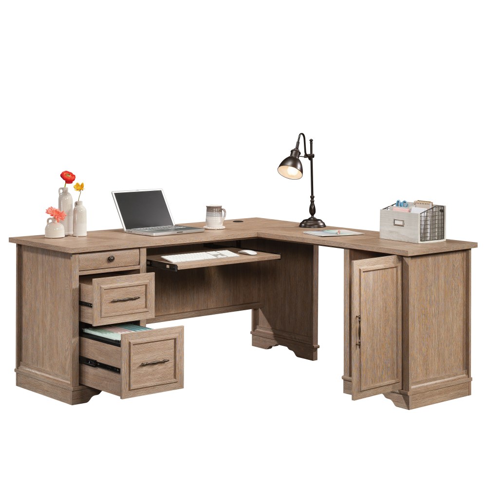 Sauder Rollingwood 66inW L-Shaped Computer Desk With Filing Drawer, Keyboard Shelf And CPU Storage, Brushed Oak