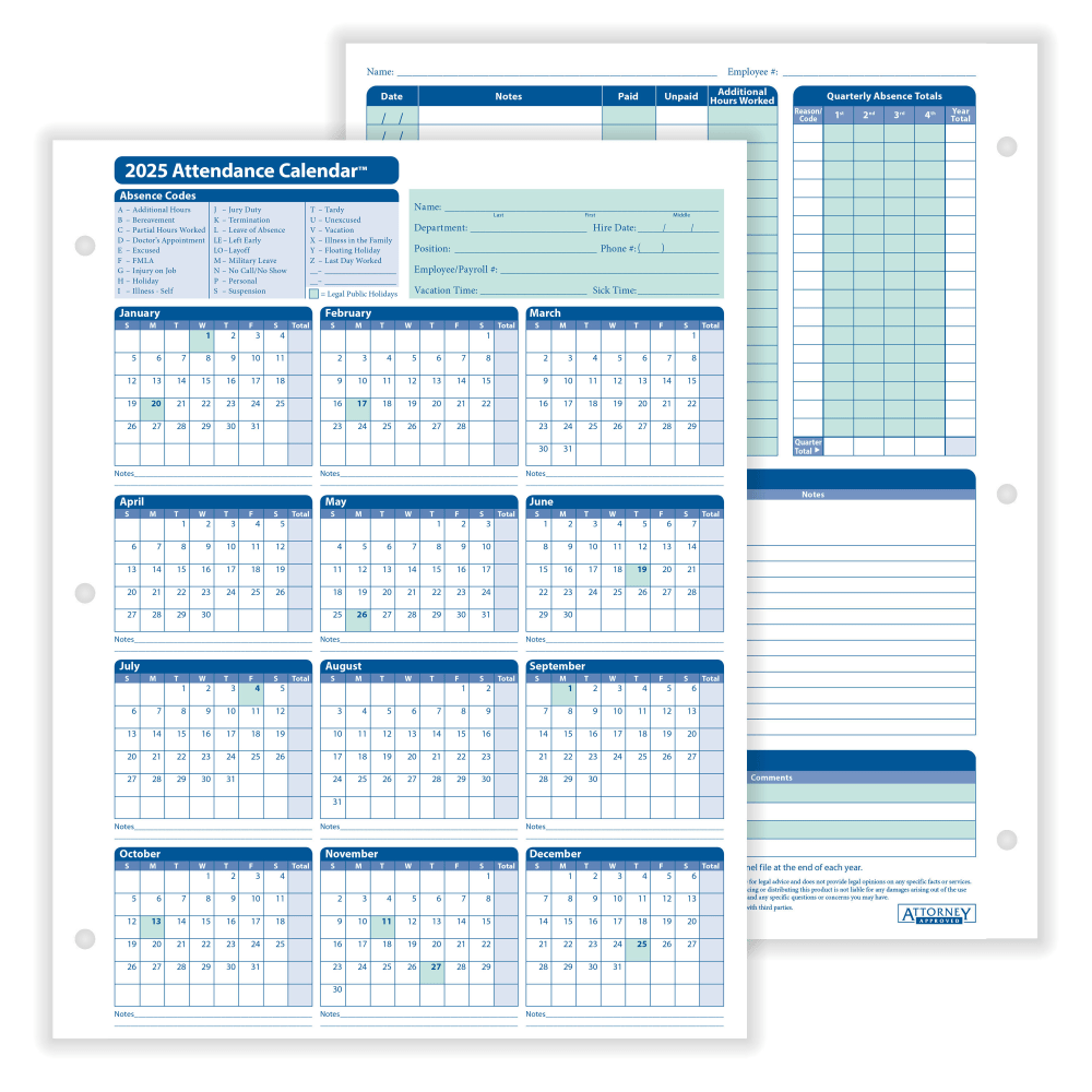 ComplyRight 2024 Attendance Calendar Kit, 8 1/2in x 11in, White, Pack Of 25