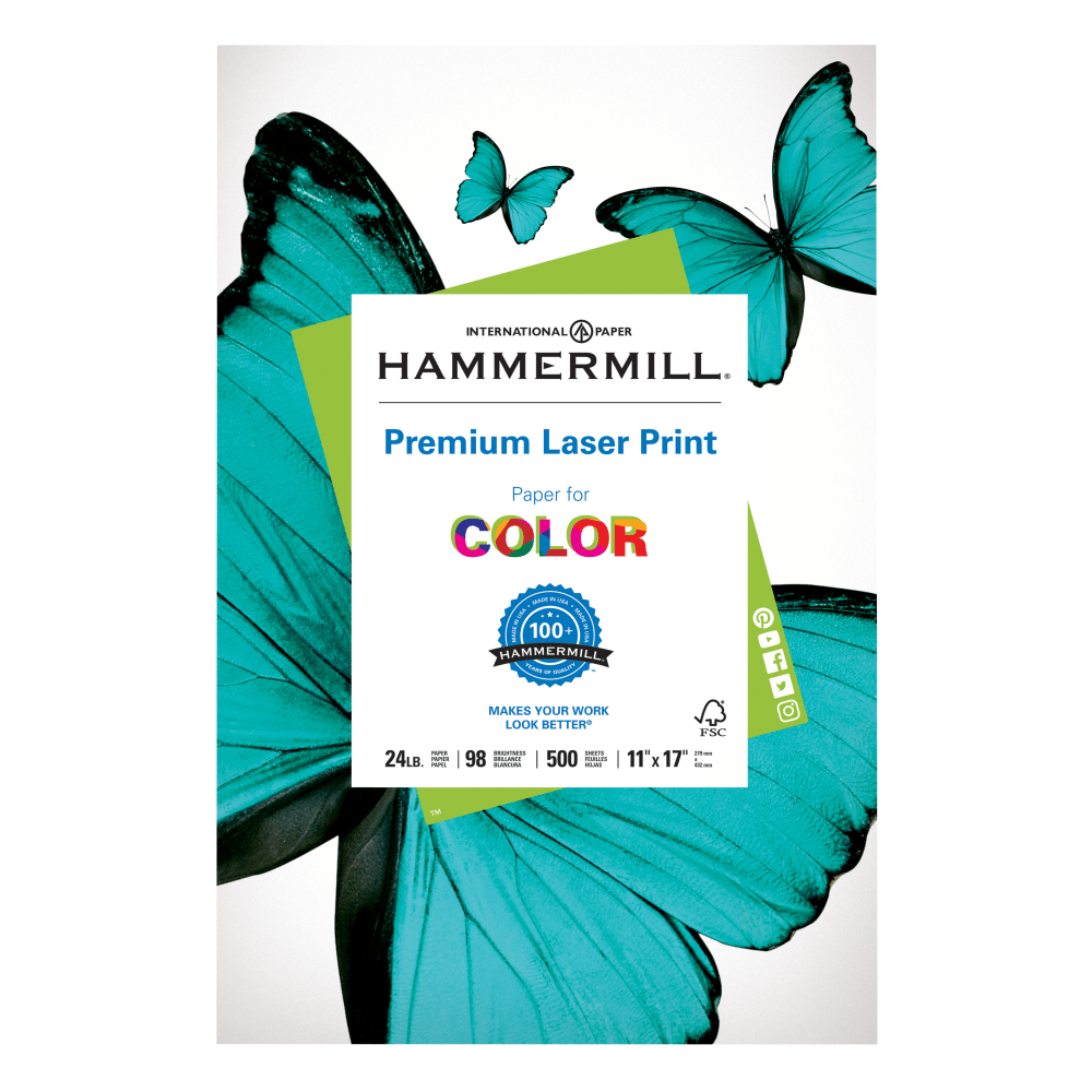 Hammermill Premium Laser Paper, White, Ledger Size (11in x 17in), 24 Lb, 98 Brightness, Ream Of 500 Sheets