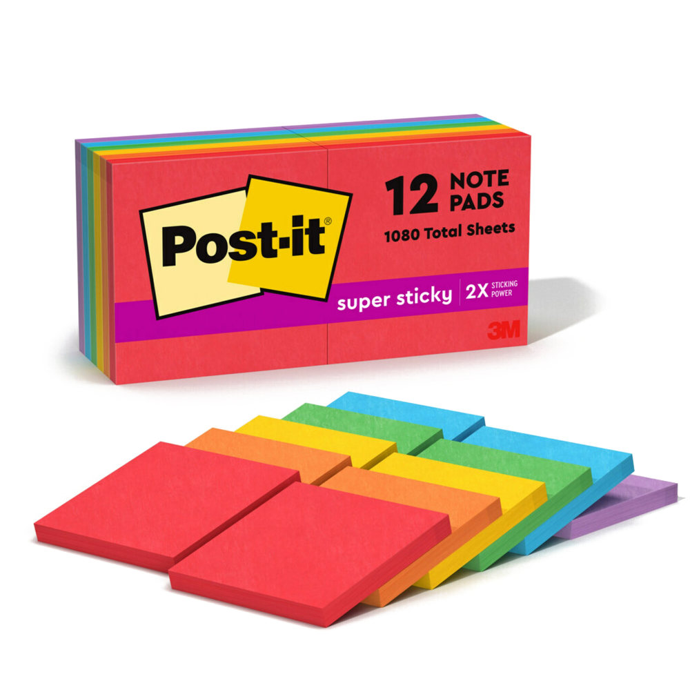 Post-it Super Sticky Notes, 3 in x 3 in, 12 Pads, 90 Sheets/Pad, 2x the Sticking Power, Playful Primaries Collection