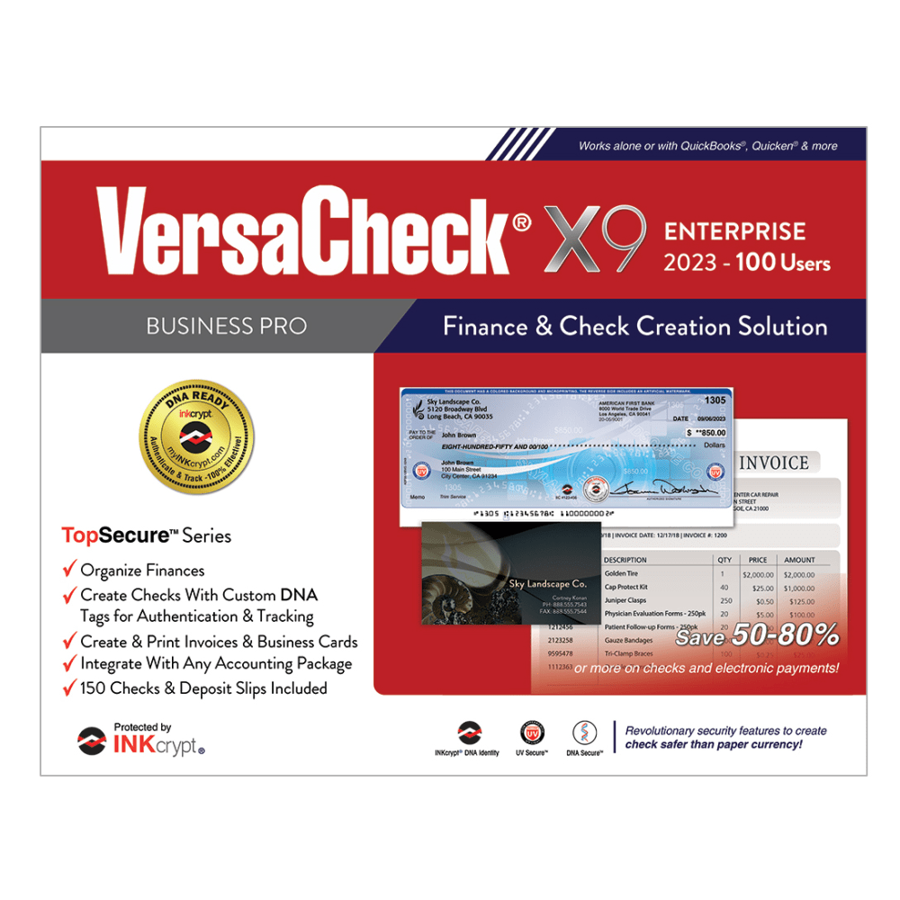 VersaCheck X9 INKcrypt Enterprise Software, 2023, For 100 Users, Windows 8.1/10/11, Disc/Product Key