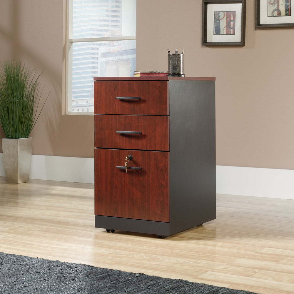 Sauder Via 19-1/2inD Vertical 3-Drawer Pedestal File Cabinet, Classic Cherry/Soft Black