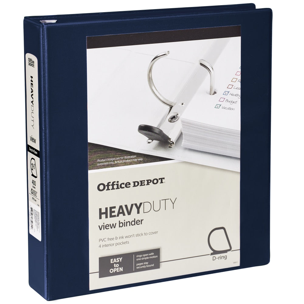 Office Depot Heavy-Duty View 3-Ring Binder, 1 1/2in D-Rings, 49% Recycled, Navy