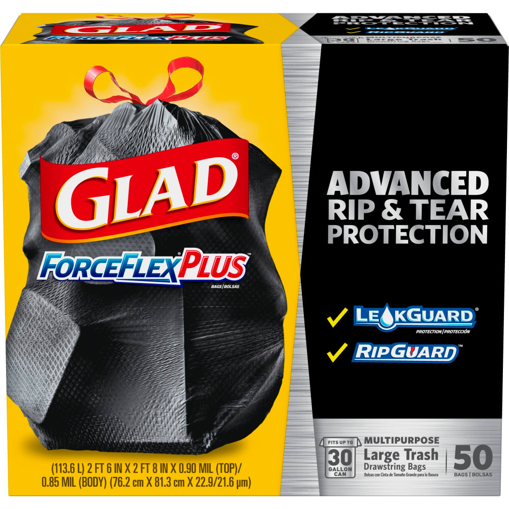 Glad ForceFlexPlus Drawstring Trash Bags, 30 Gallons, Black, 50 Per Box, Carton Of 3 Boxes