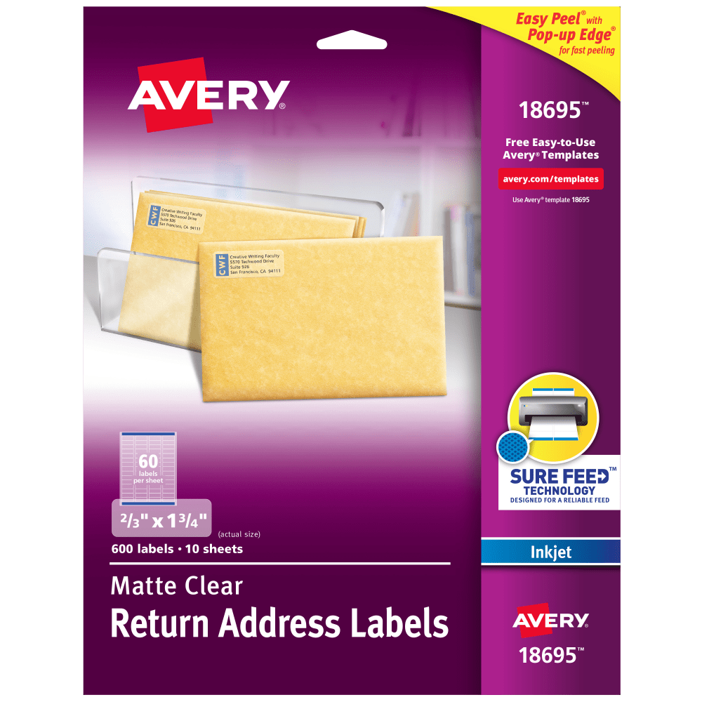 Avery Matte Return Address Labels With Sure Feed Technology, 18695, Rectangle, 2/3in x 1-3/4in, Clear, Pack Of 600