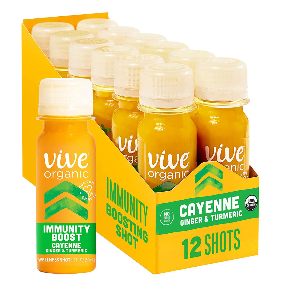 Vive Organic Immunity Boost Wellness Shots, Cayenne, Ginger and Turmeric, 2 Oz, Pack Of 12 Shots