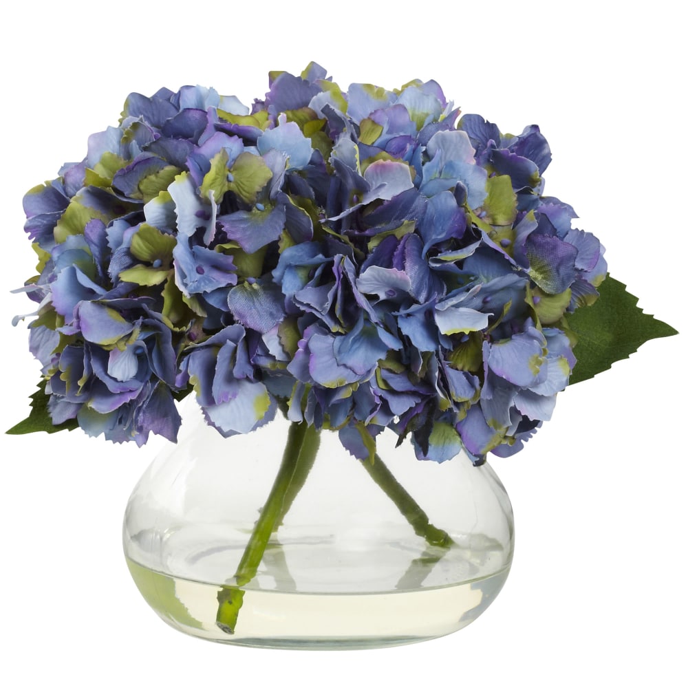 Nearly Natural Blooming Hydrangea 8-1/2inH Plastic Floral Arrangement With Vase, 8-1/2inH x 10inW x 9inD, Blue