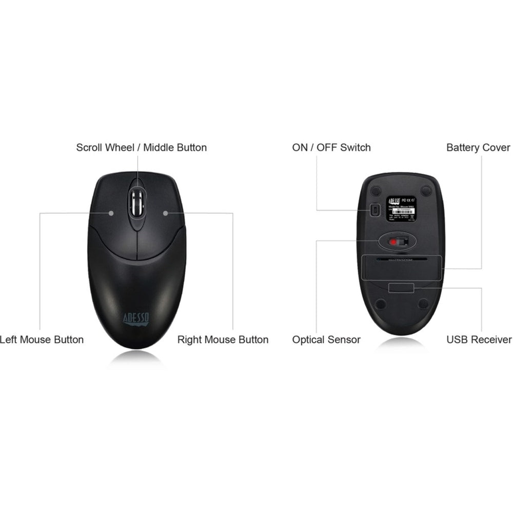 Adesso Antimicrobial Wireless Desktop Mouse - Optical - Wireless - Radio Frequency - 2.40 GHz - Black - USB - 1200 dpi - Scroll Wheel - 3 Button(s) - Symmetrical