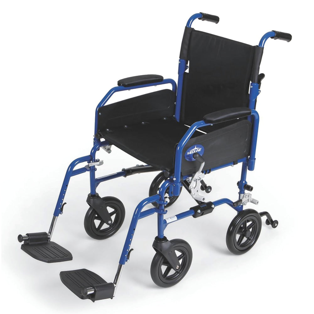 Medline Hybrid 2 Transport Wheelchair, Swing Away, 18in Seat, Blue