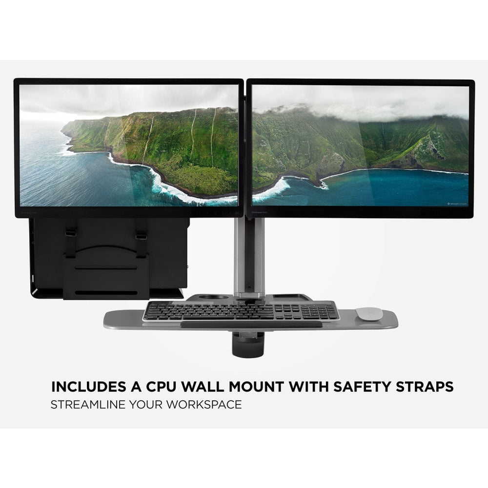 Mount-It! MI-7906 36inW Sit-Stand Dual-Monitor Wall-Mount Workstation With Articulating Keyboard Tray Arm And CPU Holder, Silver