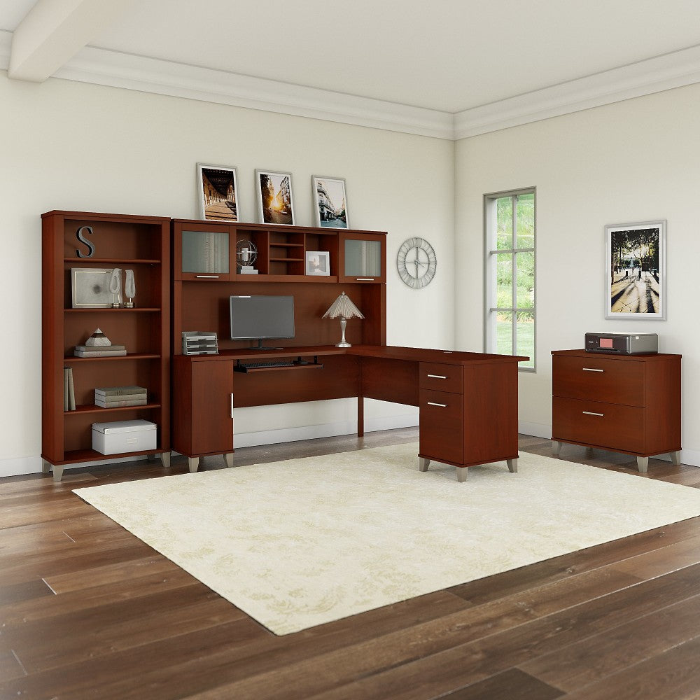 Bush Furniture Somerset 72inW L Shaped Desk With Hutch, Lateral File Cabinet And Bookcase, Hansen Cherry, Standard Delivery