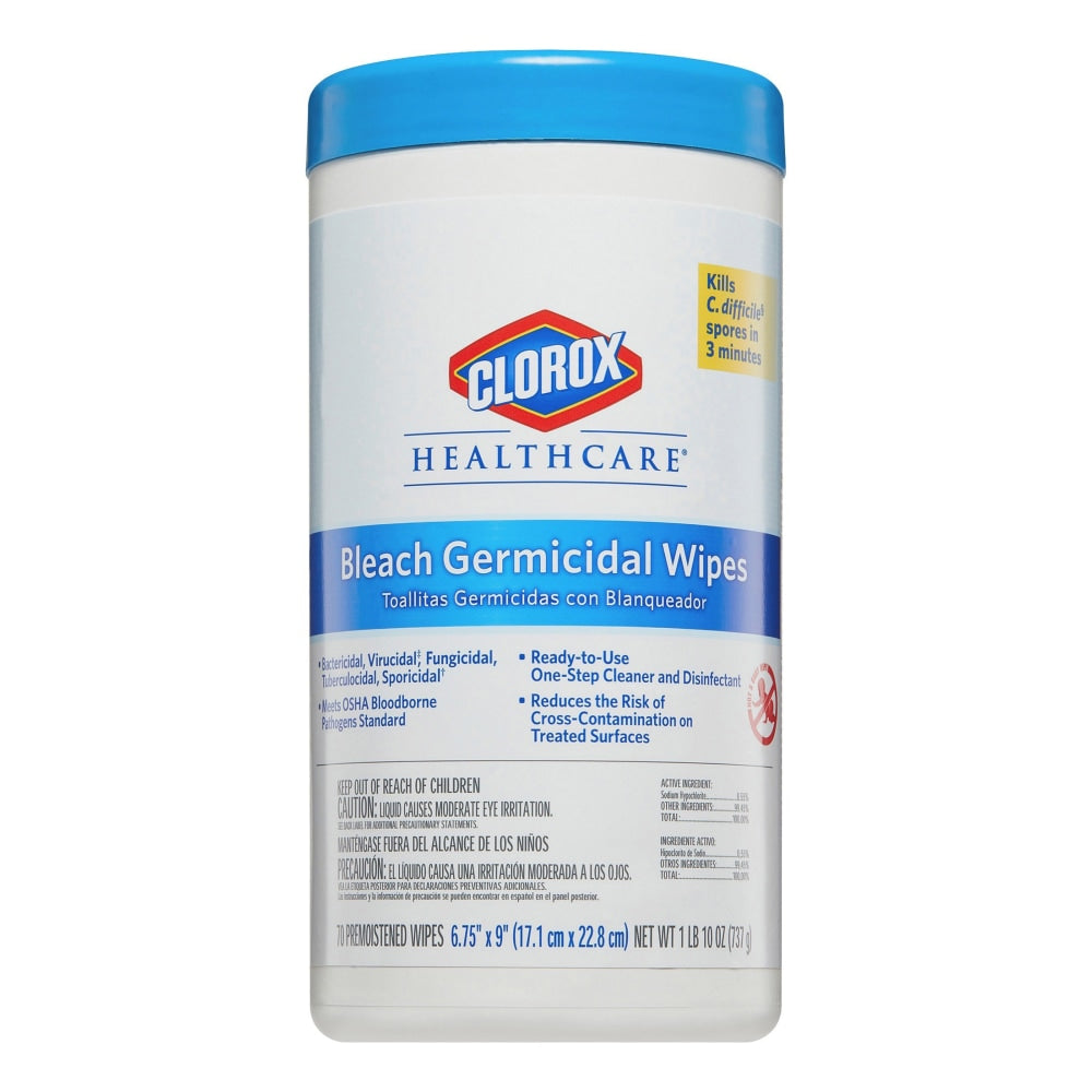 Clorox Healthcare Bleach Germicidal Wipes - Ready-To-Use - 9in Length x 6.75in Width - 70 / Canister - 6 / Carton - White