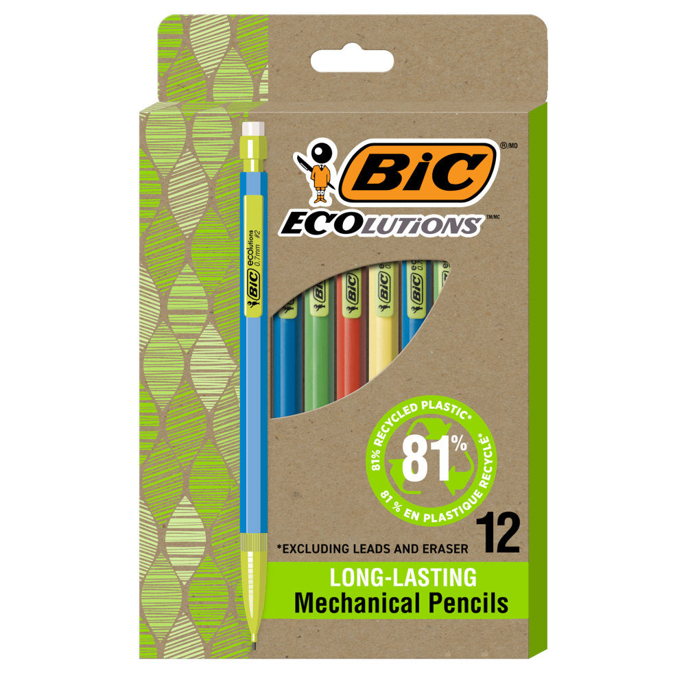 BIC Ecolutions #2 Mechanical Pencils, 0.7 mm, Medium Point, 65% Recycled, Assorted Barrel, Pack of 12 Pencils