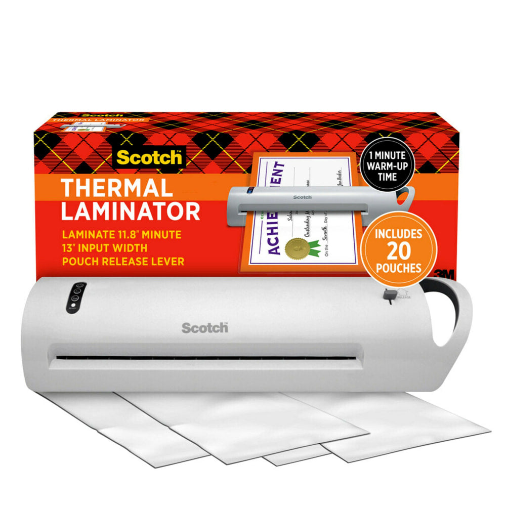 Scotch Thermal Laminator TL1302XVP, 13in Width, 5 mil Thicknes, 1 Thermal Laminator with 20 Letter Size Pouches