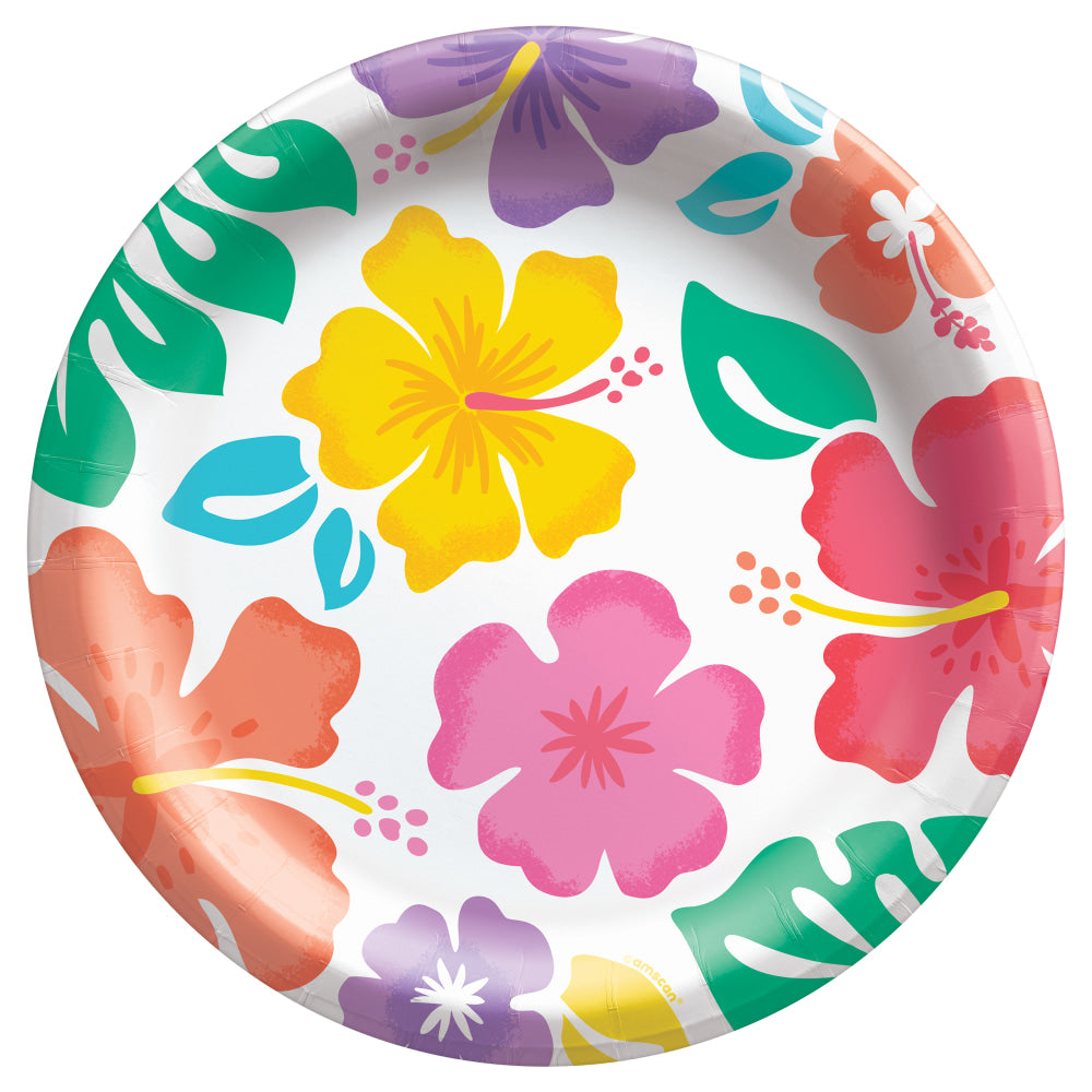 Amscan Summer Hibiscus Round Paper Plates, 8-1/2in, Multicolor, 50 Plates Per Pack, Set Of 2 Packs