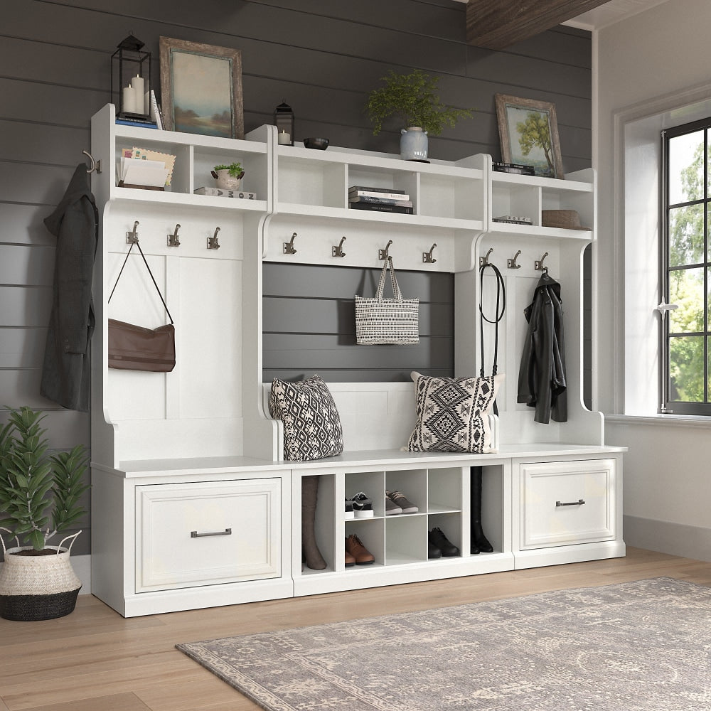 Bush Furniture Woodland Full Entryway Storage Set With Coat Rack And Shoe Bench With Drawers, White Ash, Standard Delivery