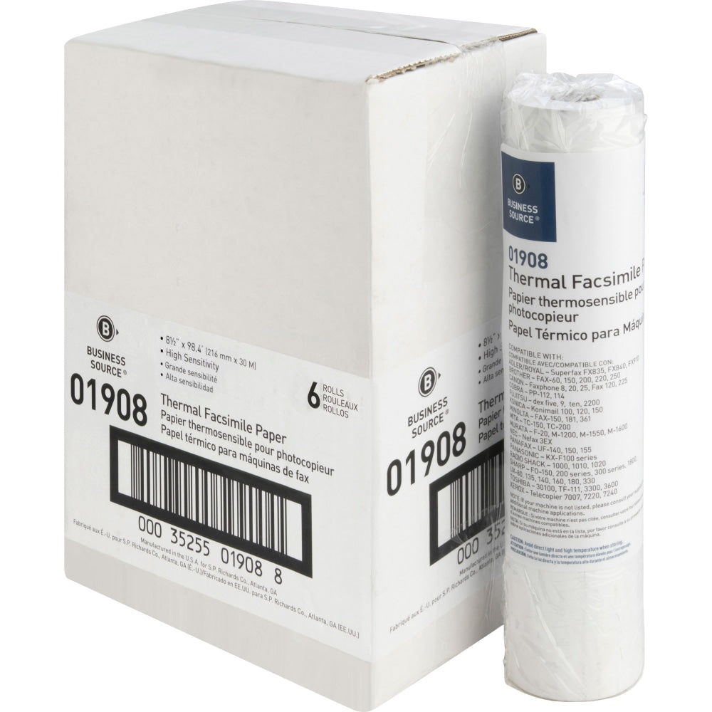 Business Source Thermal Paper - White - 8 1/2in x 98 ft - 6 / Carton